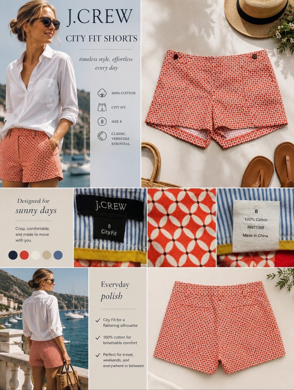 J.Crew City Fit Geometric Print Shorts - 8 - Orange White 100% Cotton EUC
